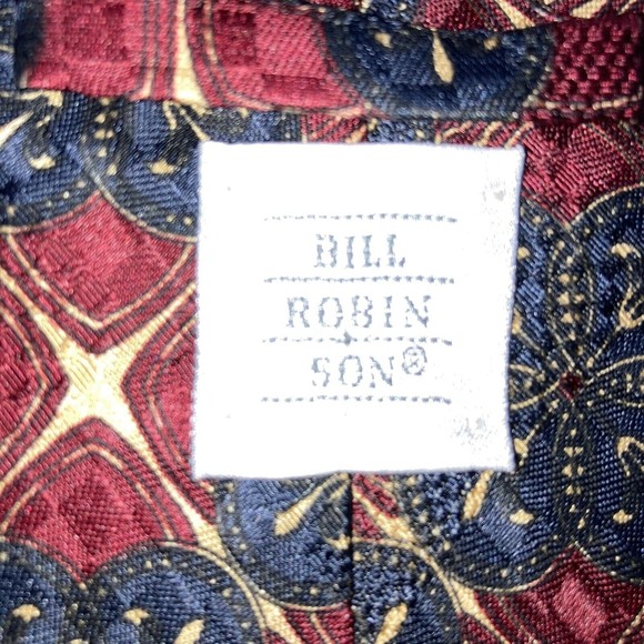 Bill Robin Son Tie Blue, Red, Ivory And Mustard Pattern Silk Necktie 55 x 3.75 - Picture 4 of 6